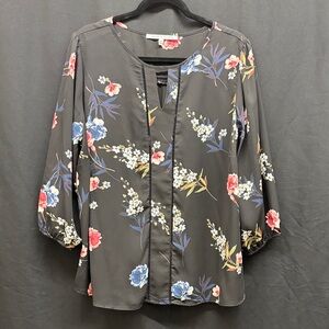Collective Concepts Floral Blouse - Charcoal with Red, Blue, and White